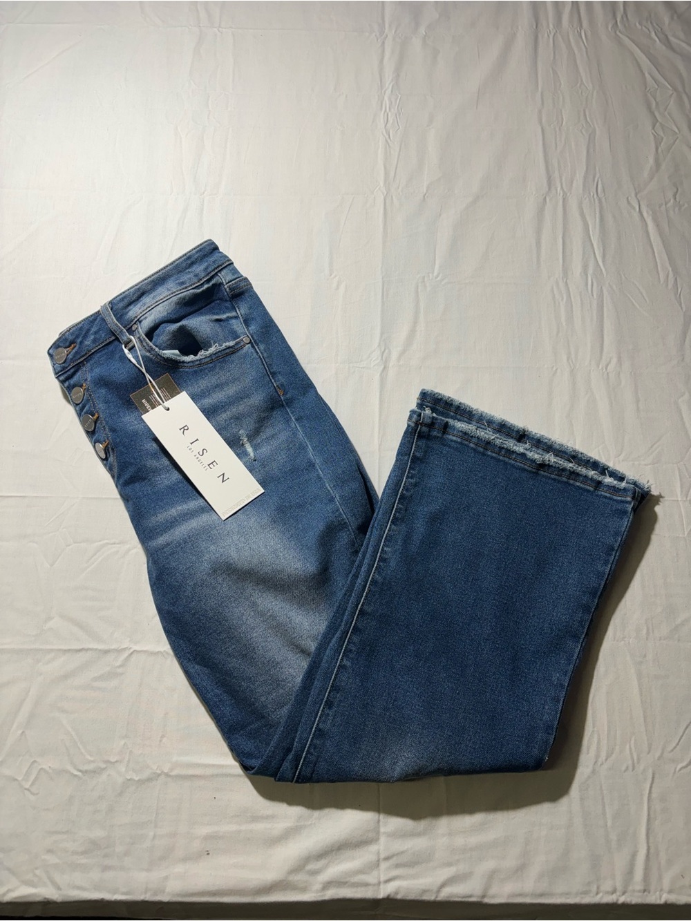 RISEN Mid Blue Flare Jeans with Frayed Hem